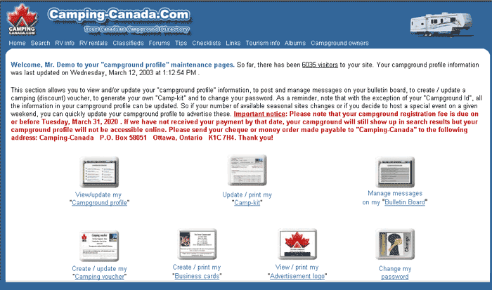 Sample owners page